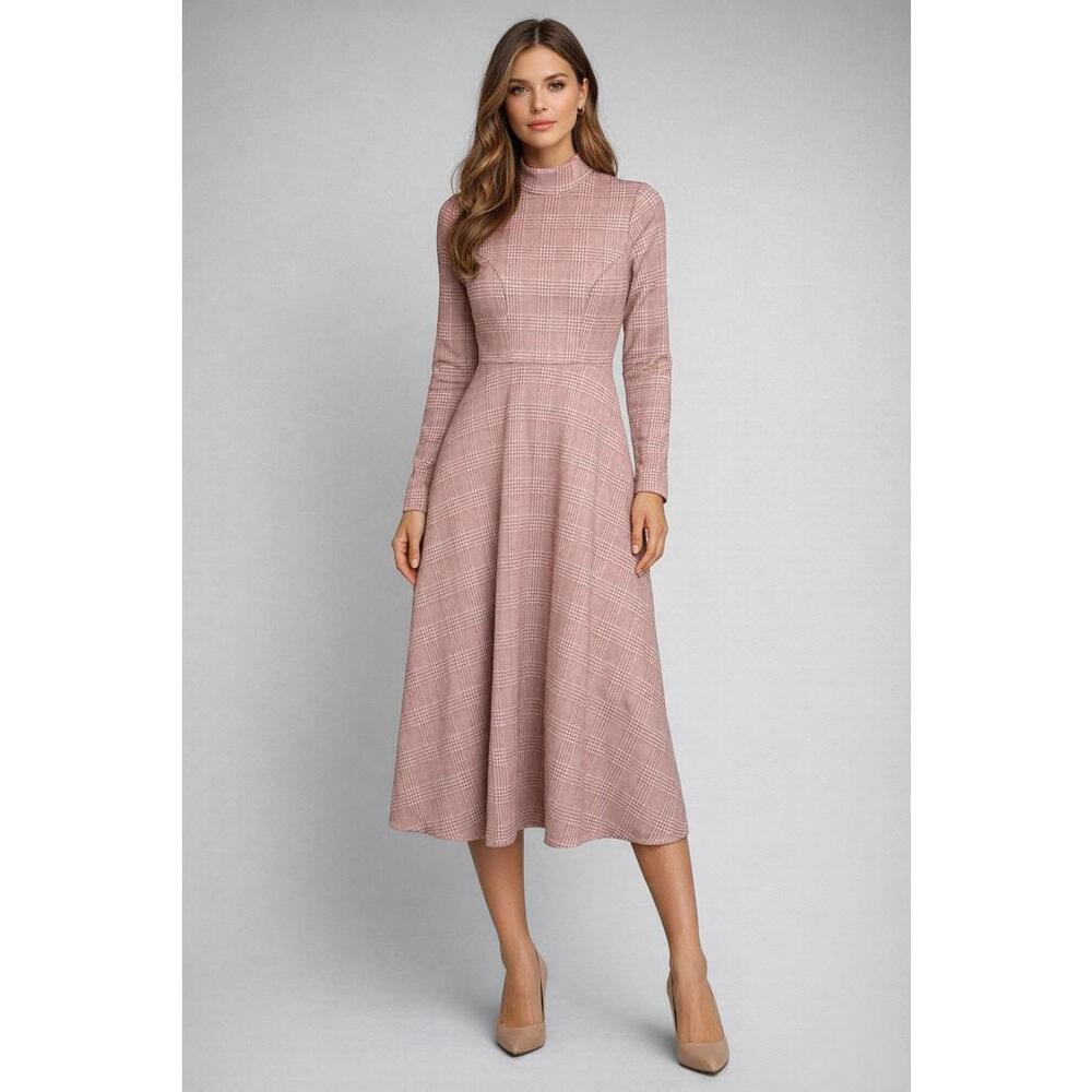 NWT Halara High Neck Houndstooth Plaid Long Sleeve Midi Work Dress Pink - Small - Picture 1 of 6